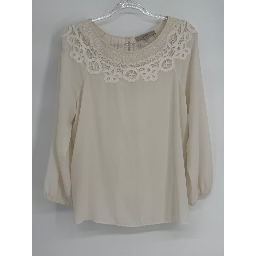 LOFT Womens Cream Crochet Lace Neck Mixed Media Long Sleeve Blouse Sz L